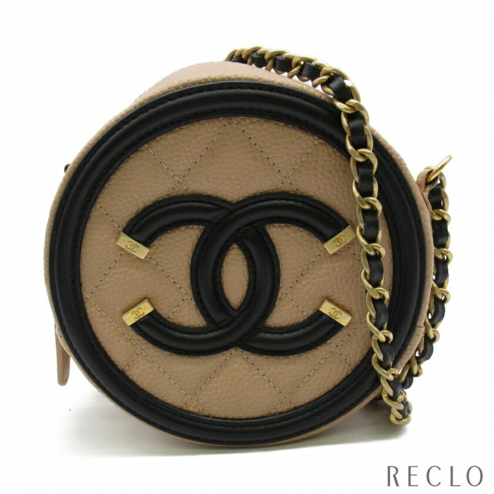 Chanel Chain Pochette Shoulder Bag Grained Calfskin Leather Beige Black
